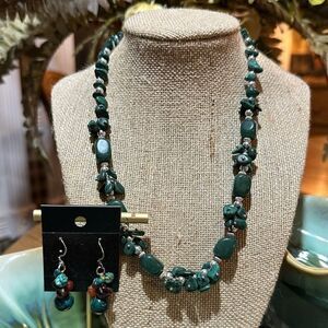 Natural Stone Green Malachite Artisan Beaded 18” Necklace + Earrings
